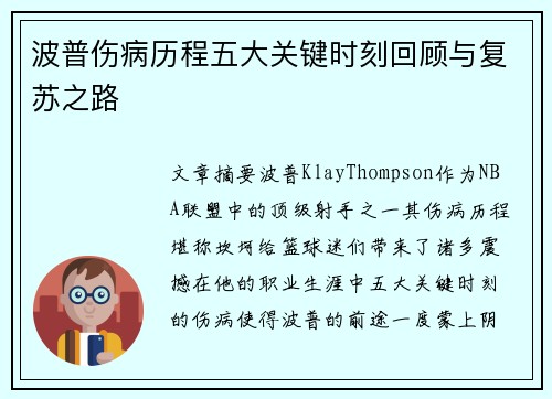波普伤病历程五大关键时刻回顾与复苏之路